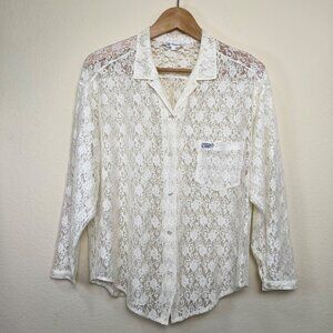 Vintage MONTRER Off-White Lace Button-Up 3/4 Sleeve Shirt Made in Korea Size L